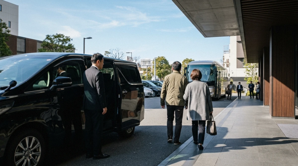 A private car waiting at a quiet Tokyo hotel entrance at sunrise with no other passengers around it, illustrating the calm of a private Tokyo city tour against a shared group departure