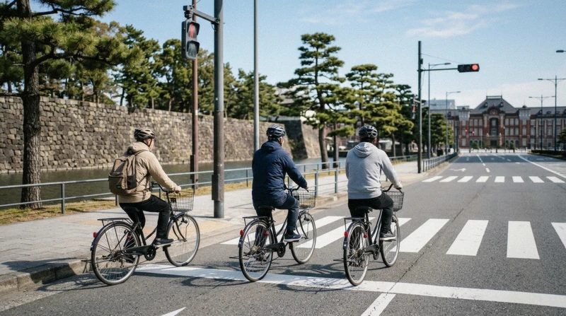 Small group cycling past the moat of the Imperial Palace on a bike Tokyo city tour